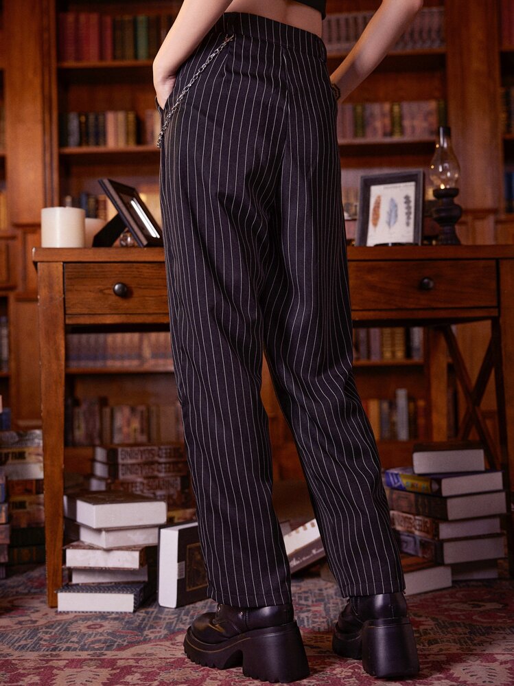 ROMWE Academia Pantalones con cadena a rayas, escuela - Blanco y Negro - Añade 2