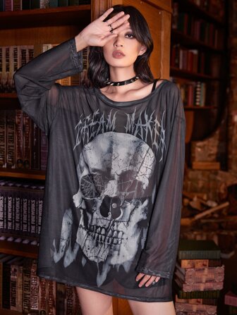 Academia Letter Skull Graphic Mesh Top
