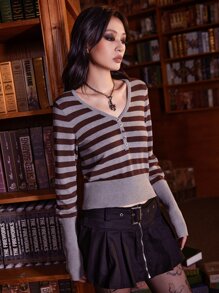 ROMWE Academia 條紋圖案前紐扣套頭毛衣 - 彩色 - 查看 3