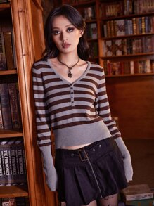 ROMWE Academia 條紋圖案前紐扣套頭毛衣 - 彩色 - 查看 4