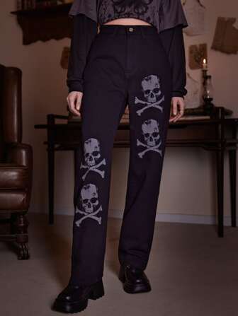 Academia Skull Graphic Straight Leg Jeans