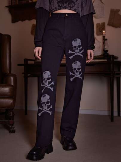 Academia Skull Graphic Straight Leg Jeans