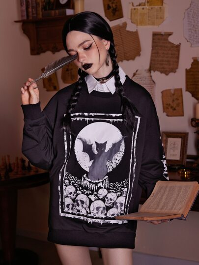 Goth Skull & Cat Graphic Sweatshirt Without Shirt