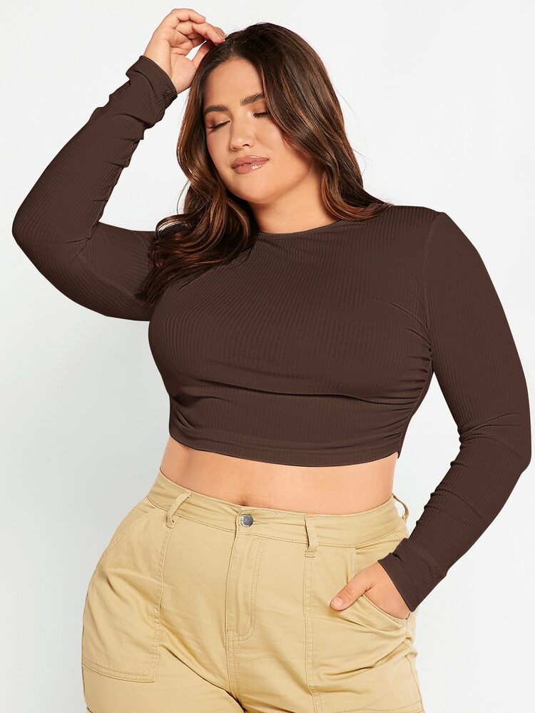 SHEIN Essnce Top corto unicolor tejido de canalé - Marrón Chocolate - Añade 5