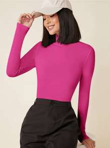 SHEIN BASICS High Neck Solid Fitted Tee - Hot Pink - View 1