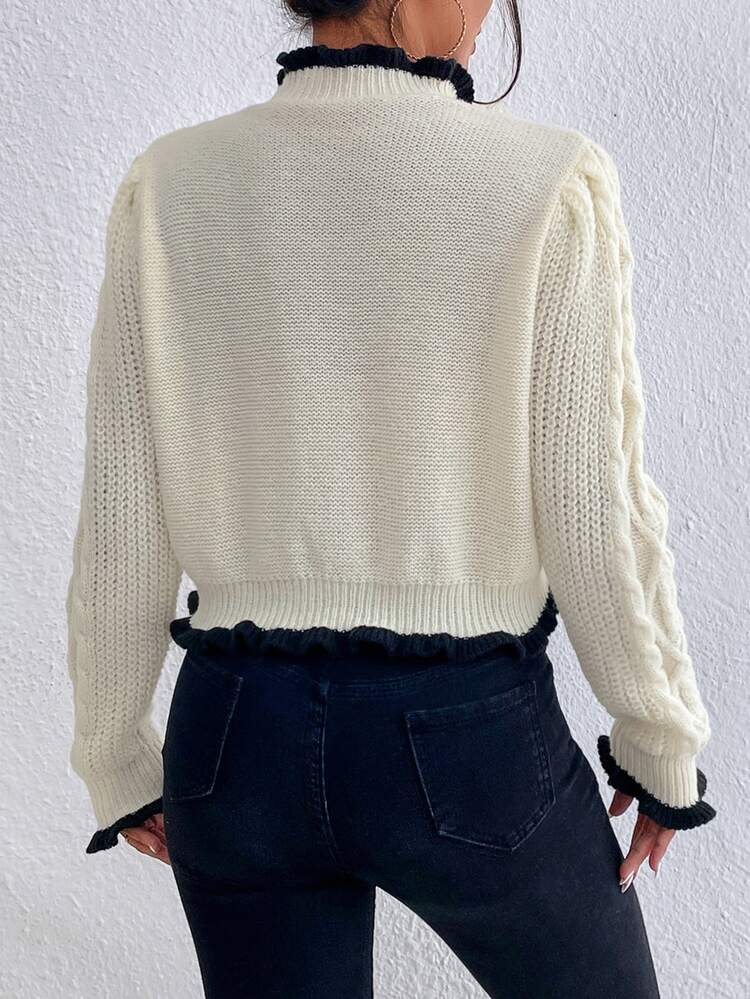 SHEIN Frenchy Contrast Trim Cable Knit Sweater Winter Casual - Beige - View 2