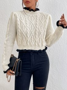 SHEIN Frenchy 拼接邊麻花編織套頭毛衣 - 米色 - 查看 3