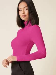 SHEIN BASICS High Neck Solid Fitted Tee - Hot Pink - View 3