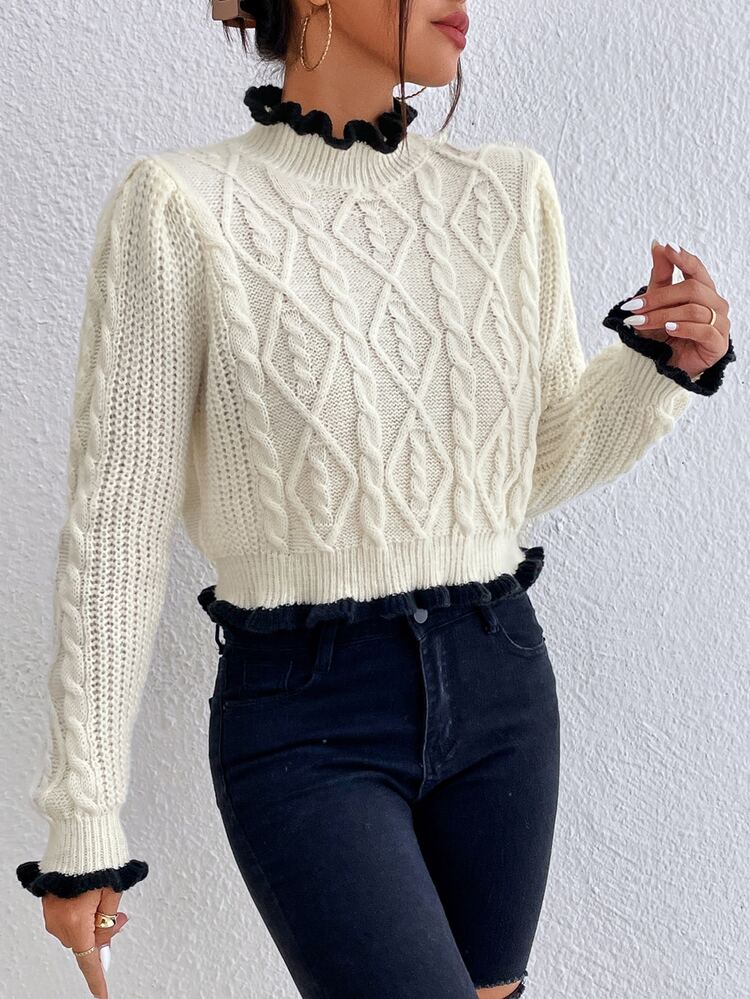 SHEIN Frenchy Contrast Trim Cable Knit Sweater Winter Casual - Beige - View 4