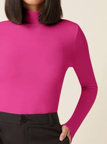 SHEIN BASICS High Neck Solid Fitted Tee - Hot Pink - View 4