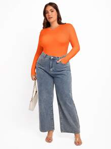 SHEIN BAE Plus Solid Slim Fit Tee Bodysuit - Orange - View 3