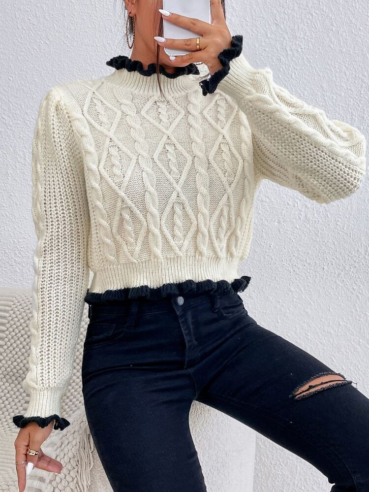 SHEIN Frenchy Contrast Trim Cable Knit Sweater Winter Casual - Beige - View 5