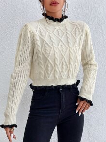 SHEIN Frenchy 拼接邊麻花編織套頭毛衣 - 米色 - 查看 6