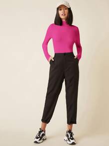 SHEIN BASICS High Neck Solid Fitted Tee - Hot Pink - View 5