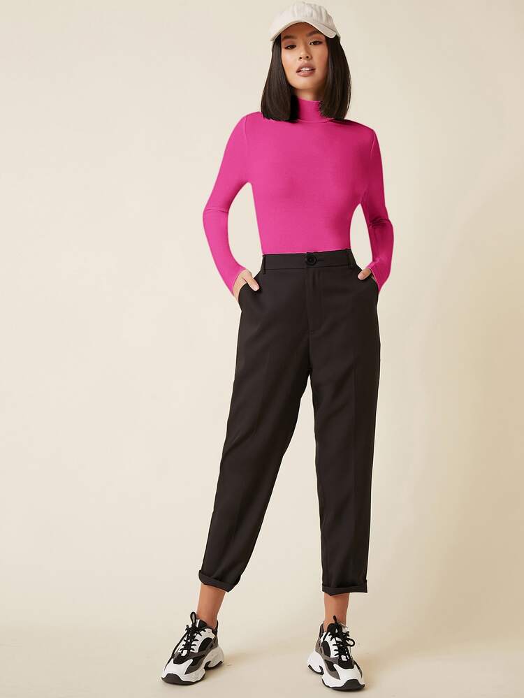 SHEIN BASICS Áo thun nữ màu trơn Giải trí - Màu Hồng Tươi - Xem 5