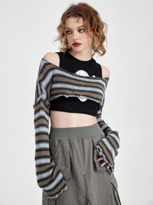 SHEIN MOD Striped Pattern Lettuce Trim Crop Jumper Without Tank - Multicolor - View 1