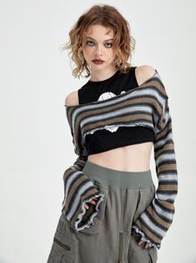 SHEIN MOD Striped Pattern Lettuce Trim Crop Jumper Without Tank - Multicolor - View 3