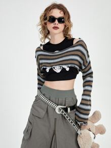 SHEIN MOD Striped Pattern Lettuce Trim Crop Jumper Without Tank - Multicolor - View 4