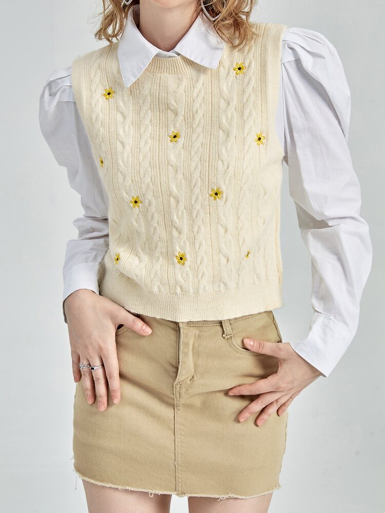 SHEIN MOD Floral Embroidery Cable Knit Sweater Vest Without Blouse - Beige - View 3