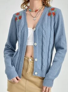 SHEIN MOD Floral Embroidery Cable Knit Cardigan - Dusty Blue - View 3