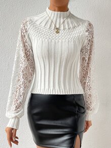 SHEIN Privé Áo len nữ Tương phản ren màu trơn Thanh lịch - trắng - Xem 1