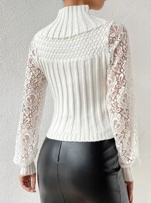 SHEIN Privé Áo len nữ Tương phản ren màu trơn Thanh lịch - trắng - Xem 2