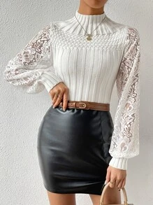 SHEIN Privé Áo len nữ Tương phản ren màu trơn Thanh lịch - trắng - Xem 3