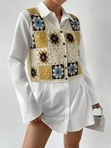 SHEIN Essnce 花卉圖案前紐扣毛衣背心不帶襯衫 - 米色 - 查看 1