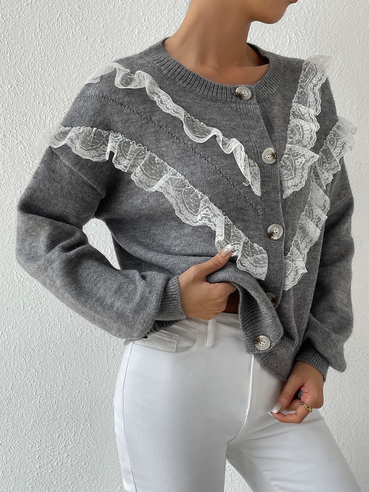 Cardigan pizzo a contrasto spalle cadenti - Grigio - Visualizzare 3