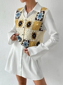 SHEIN Essnce 花卉圖案前紐扣毛衣背心不帶襯衫 - 米色 - 查看 3