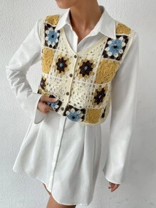 SHEIN Essnce 花卉圖案前紐扣毛衣背心不帶襯衫 - 米色 - 查看 4