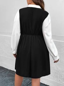 Celure Đầm Plus Size Thắt nơ trước Khối Màu Giải trí - màu đen - Xem 2