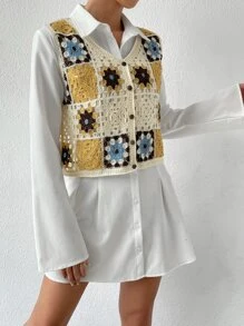 SHEIN Essnce 花卉圖案前紐扣毛衣背心不帶襯衫 - 米色 - 查看 5