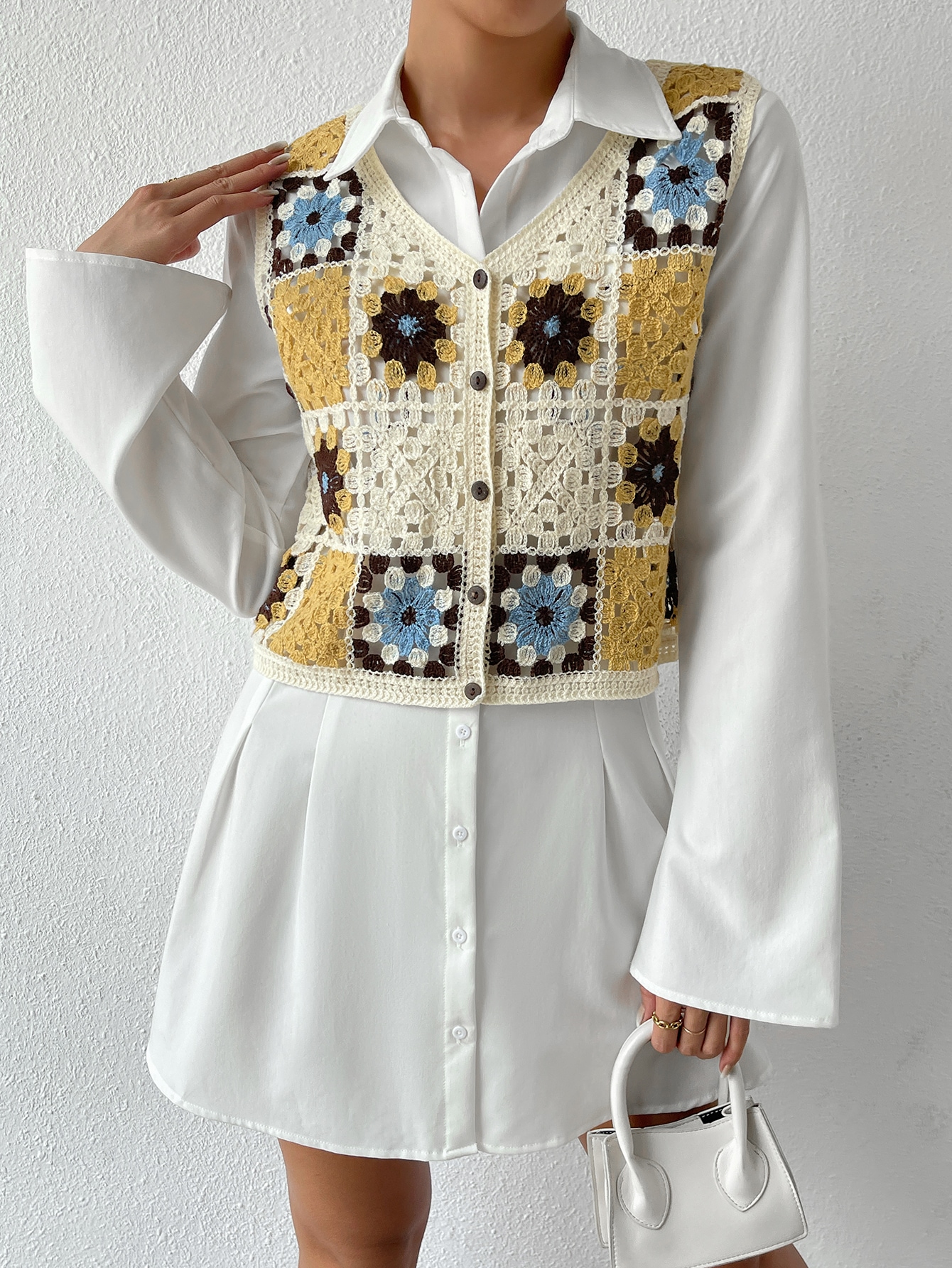 SHEIN Essnce Floral Pattern Button Front Sweater Vest Without Blouse ...