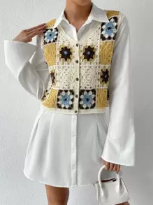 SHEIN Essnce 花卉圖案前紐扣毛衣背心不帶襯衫 - 米色 - 查看 6