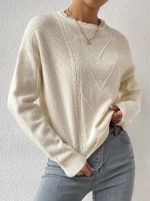 女式超大落肩长袖针织毛衣上衣 - 米色 - 查看 4