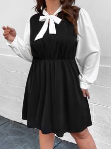 Celure Đầm Plus Size Thắt nơ trước Khối Màu Giải trí - màu đen - Xem 4