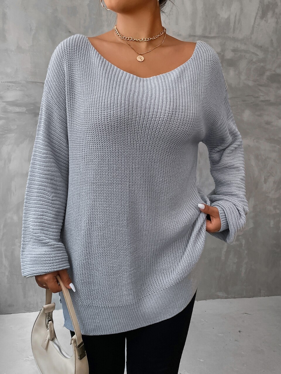 Plus Drop Shoulder Split Hem Sweater Knit Pullover Fall Winter Autumn