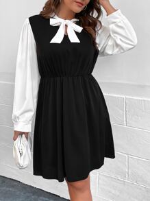 Celure Đầm Plus Size Thắt nơ trước Khối Màu Giải trí - màu đen - Xem 7