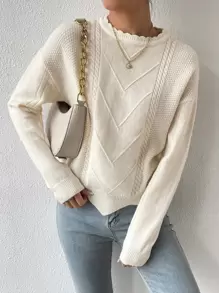 女式超大落肩长袖针织毛衣上衣 - 米色 - 查看 5