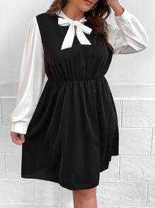 Celure Đầm Plus Size Thắt nơ trước Khối Màu Giải trí - màu đen - Xem 6