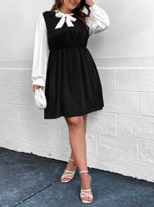 Celure Đầm Plus Size Thắt nơ trước Khối Màu Giải trí - màu đen - Xem 1