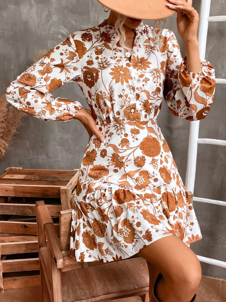 Aveloria Vestido con estampado floral, mangas farol, volantes en el bajo, atuendo de vacaciones para mujer - Multicolor - Añade 4