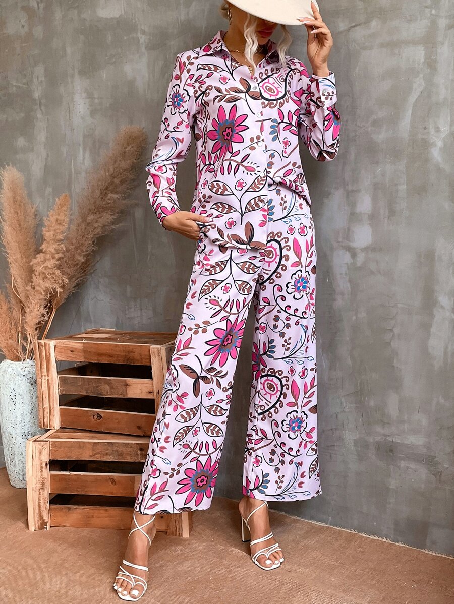 印花襯衫和闊腿褲 - 彩色 - 查看 1