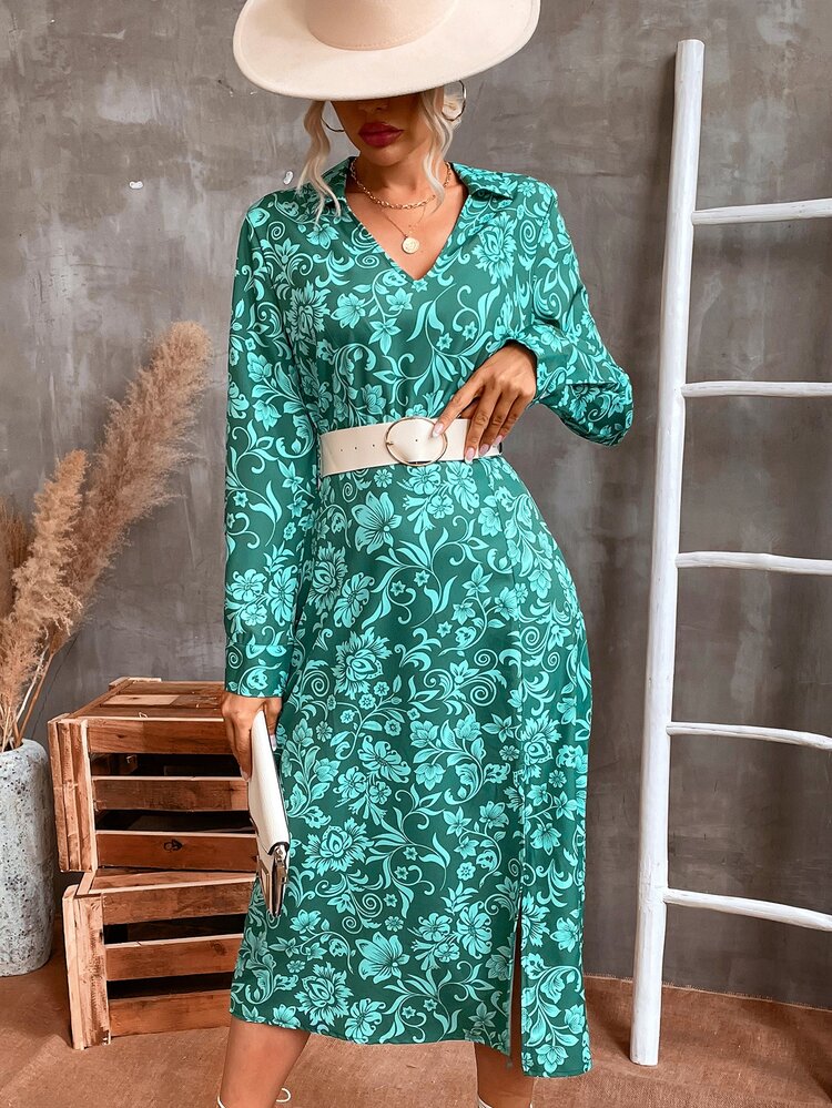 Aveloria Paisley Print Split Thigh Dress Without Belt - Multicolor - View 4