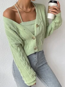 SHEIN MOOSTA 落肩袖麻花編織開襟衫和針織短上衣 - 薄荷綠 - 查看 5