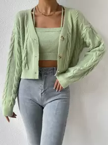 SHEIN MOOSTA 落肩袖麻花編織開襟衫和針織短上衣 - 薄荷綠 - 查看 7