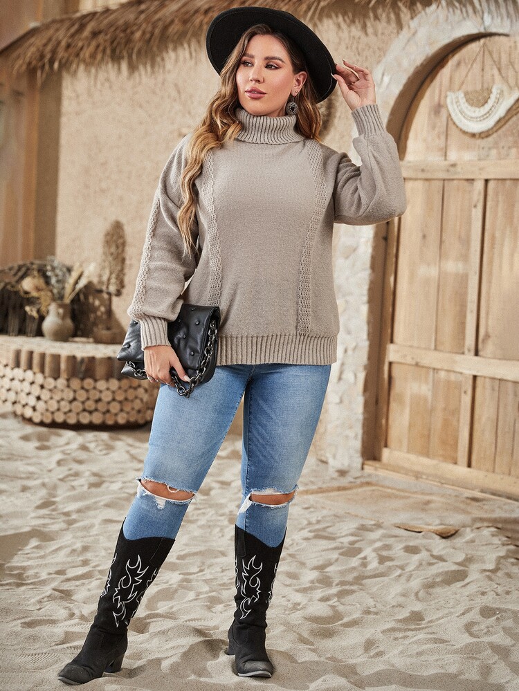 SHEIN LUNE Plus Turtleneck Drop Shoulder Sweater - Khaki - View 6