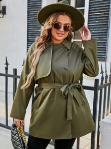 SHEIN X Jenicka Plus Raglan Sleeve Double Breasted Trench Coat - Army Green - View 3