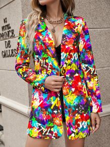 SHEIN Clasi Graffiti Print Single Button Blazer Without Belt Graphic Jacketsequin Blazergraphic Jacketscrop Blazer In Fall/Winter - Multicolor - View 6